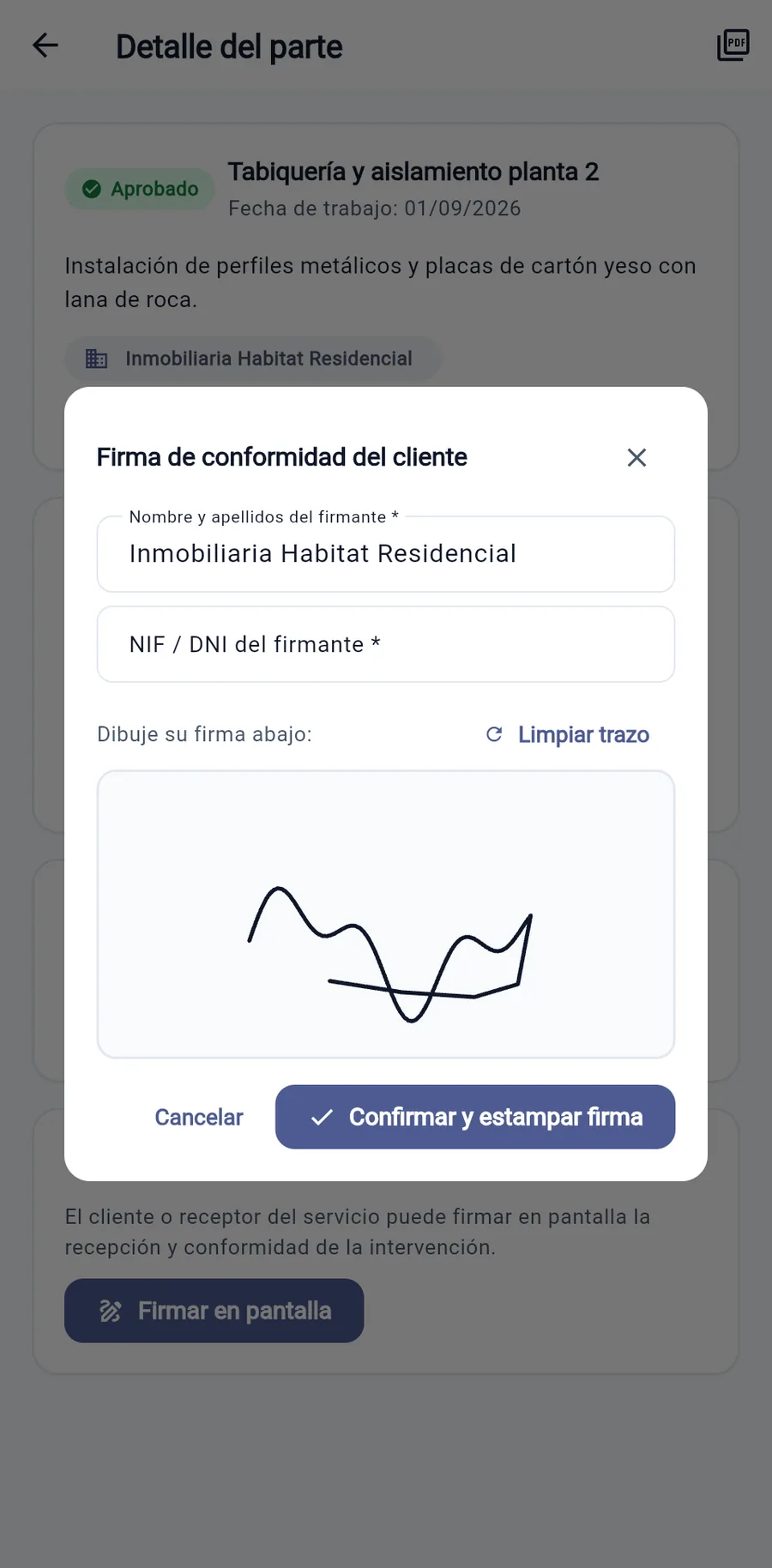 Firma del cliente en pantalla