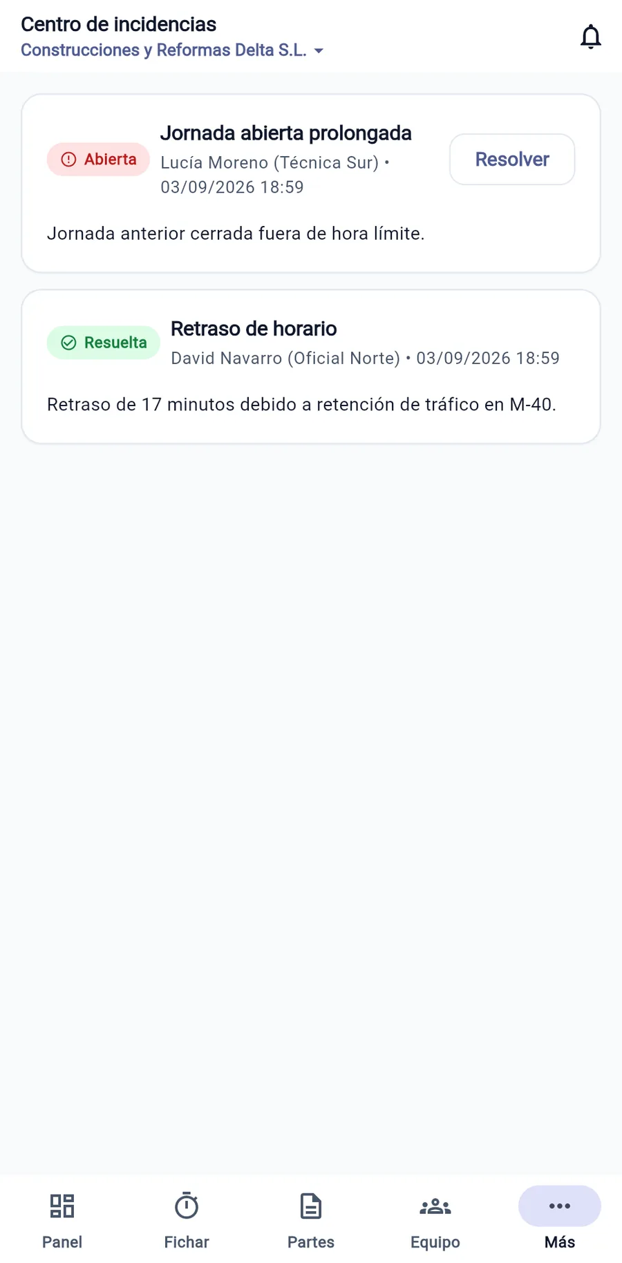 Pantalla de incidencias de WorkLogTracker